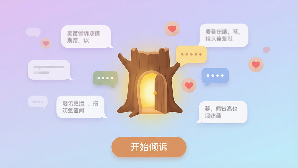 主体:麦苗倾诉APP的虚拟界面展示,界面中央有一个温暖的树洞图标,发着柔和的黄光,周围漂浮着对话气泡和爱心图标。布局:主视觉居中,界面背景为渐变的淡紫色到淡蓝色,气泡环绕分布,底部有“开始倾诉”按钮。排版:简洁现代,图标和文字清晰。风格:扁平化设计,温暖治愈系,色彩柔和。细节:树洞上有一扇小门,内有微光,气泡里隐约可见聊天文字。画质:高清,干净,无多余元素。