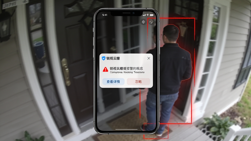 主体:手机屏幕显示锐视云瞳的报警通知弹窗,背景是监控画面中一个陌生人出现在门口。布局:手机居中,屏幕亮起,通知栏显示“锐视云瞳”和报警信息。排版:画面中人物轮廓用红色框标出,下方有“查看详情”和“忽略”按钮。风格:写实,略带警示氛围。细节:人物清晰,门廊场景,光线自然,画质干净。画质:高清,无多余元素。