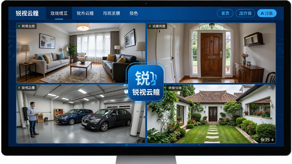 主体:电脑屏幕或手机屏幕上显示锐视云瞳的四宫格分屏监控画面,每个格子显示不同场景(客厅、门口、车库、庭院)。布局:画面以网格形式均匀分布,中心位置有一个醒目的“锐视云瞳”图标。排版:界面顶部有导航栏,右侧有功能按钮。风格:现代简约,科技蓝为主色调。细节:每个分屏画面清晰,场景细节丰富,人物或车辆清晰可辨。画质:高清,干净无多余元素。