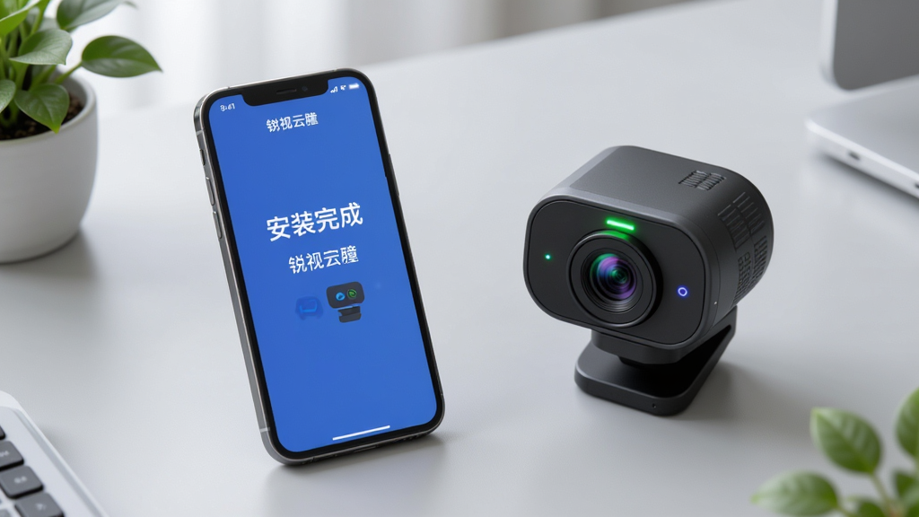 主体:手机和摄像头设备放在桌上,屏幕显示锐视云瞳的安装界面。布局:手机在左侧,摄像头在右侧,背景为浅灰色桌面。排版:手机屏幕显示“安装完成”字样,摄像头指示灯亮起。风格:简洁明亮,科技感。细节:桌面有绿色植物点缀,光线柔和。画质:高清,干净无多余元素。