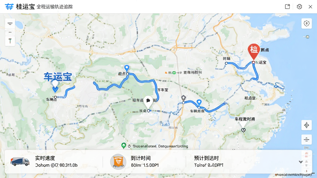 桂运宝全程运输轨迹追踪界面,主体为地图上显示车辆行驶路线与起点终点标记,布局全屏地图,底部有车辆信息卡片,风格简洁明了,蓝色路线线条,细节包含实时速度与预计到达时间,画质高清,无多余元素