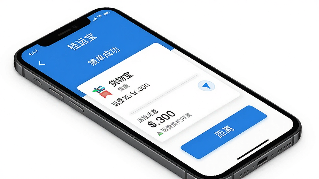 桂运宝司机端操作界面,主体为手机屏幕显示接单成功页面,包含货物信息与导航按钮,布局简洁,蓝色主调,风格实用,细节显示运费金额与距离,画质高清,干净无多余元素