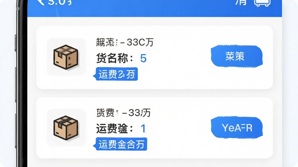 桂运宝智能货源匹配功能预览图,主体为手机界面展示匹配货源列表,每项货源包含起止地点、货物名称与运费金额,布局采用列表卡片式,左侧为货物图标,右侧为详情按钮,风格清爽简约,蓝色高亮关键词,细节突出智能推荐标签,画质高清,干净整洁