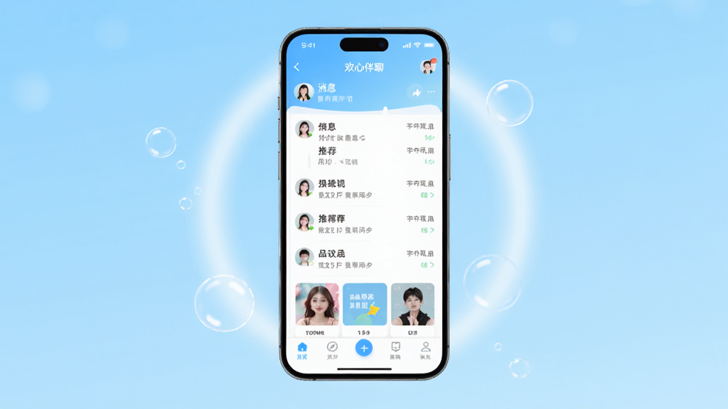 一张展示欢心伴聊app主界面的高清截图,界面包含底部导航栏、消息列表和推荐用户卡片,整体风格清新简约,色彩明快,背景为浅蓝色渐变,手机屏幕居中,周围有柔和的光晕和装饰性气泡,画质干净,无多余元素