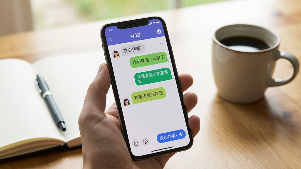 一张欢心伴聊app在手机上运行的实拍图,手机屏幕显示聊天界面,背景为书桌,有笔记本和咖啡杯,光线明亮,画面真实感强,风格自然,画质清晰,无多余元素