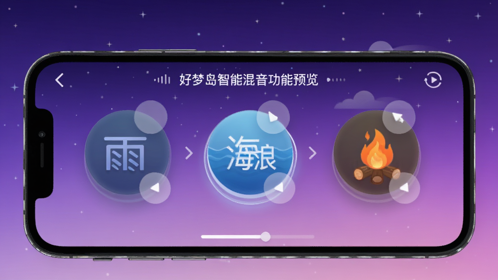 好梦岛智能混音功能预览,手机屏幕上显示多个圆形声源图标(雨声、海浪、篝火),可拖拽叠加,背景为渐变紫色夜空,界面简洁明亮,画质细腻,干净无多余元素