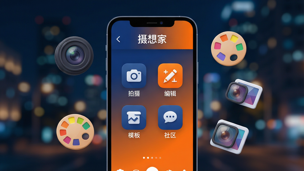 画面中央展示一款名为“摄想家”的智能手机应用界面,界面风格现代简约,主色调为深蓝与亮橙渐变,背景为虚化的城市夜景灯光。手机屏幕内显示摄影功能菜单,包括“拍摄”、“编辑”、“模板”、“社区”四个图标,周围漂浮着相机镜头、调色盘、滤镜等图形元素。整体布局平衡,主体突出,风格为扁平化设计结合轻微3D质感,细节丰富,画质高清干净,无多余元素。