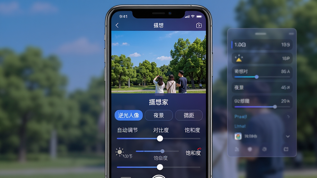 展示“摄想家”应用AI场景识别功能的界面截图,屏幕上半部分显示一个正在拍摄的户外场景,画面中有蓝天、绿树和人物,屏幕下半部分出现识别标签“逆光人像”、“夜景”、“微距”等选项,并配有自动调节的亮度、对比度、饱和度滑动条。界面风格科技感十足,蓝紫色调,背景为半透明的参数面板。整体布局清晰,主体为手机屏幕,风格写实,细节丰富,画质高清,无多余元素。