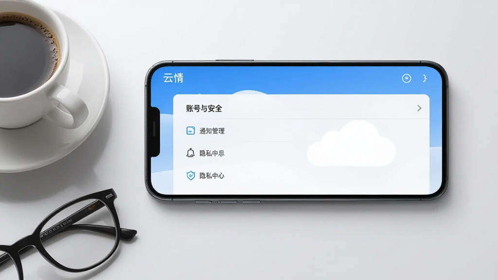画面主体为一部智能手机横屏显示“云情”应用的设置页面,菜单项包括账号与安全、通知管理、隐私中心等,背景为浅灰色渐变,手机左侧放着一杯咖啡和一副眼镜,整体布局专业,风格商务简洁,细节清晰,画质高,干净无多余元素