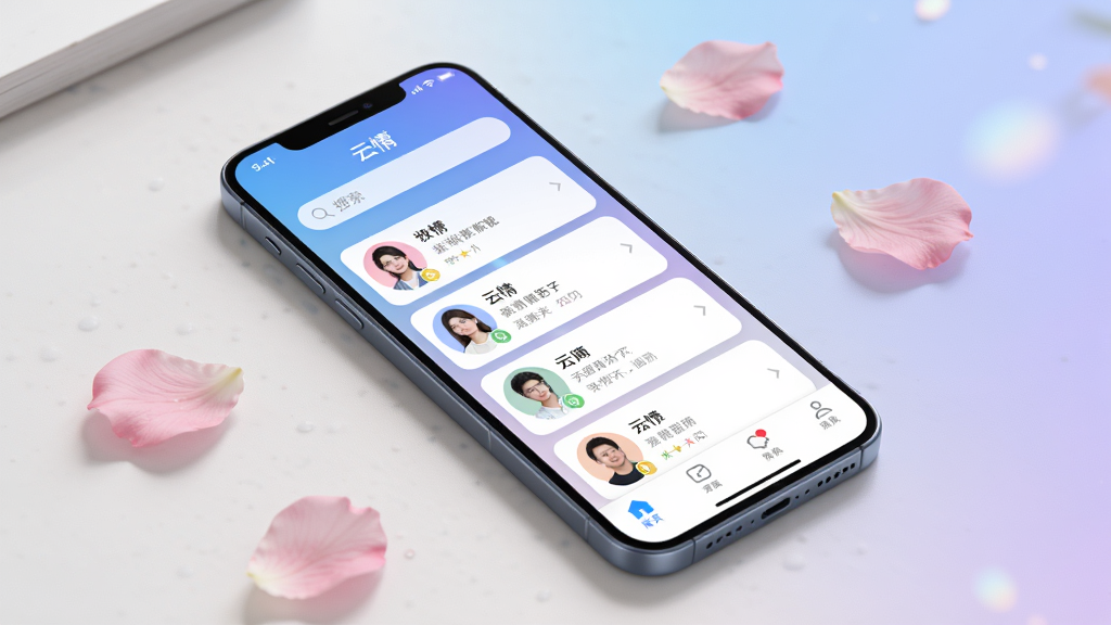画面主体为一部亮屏智能手机,屏幕显示“云情”应用的主界面,包含顶部搜索栏、中部卡片式用户头像列表和底部导航栏,背景为柔和的渐变蓝紫色,手机斜放在浅色桌面上,旁边散落几片粉色花瓣,整体排版干净,风格清新现代,细节丰富,画质高清,干净无多余元素