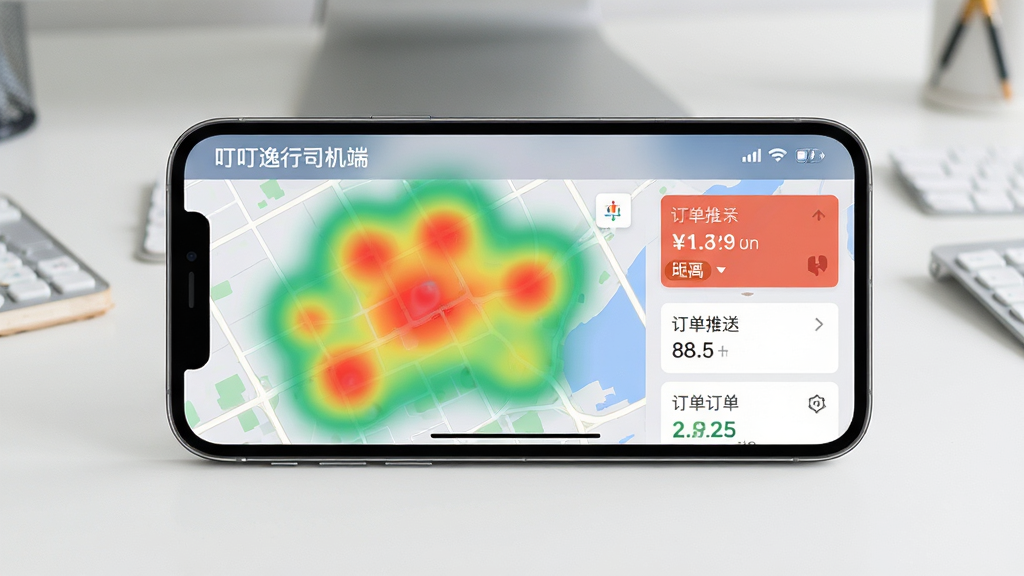 手机屏幕中显示“叮叮逸行司机端”的热力图界面,地图上不同区域呈现红绿渐变的热力色块,右侧有订单推送卡片。主体为手机横屏特写,布局居中,背景为简洁的工作台面。排版强调地图清晰度与色彩对比,风格扁平化、现代感强,细节包括订单金额与距离标签,画质干净,无多余元素