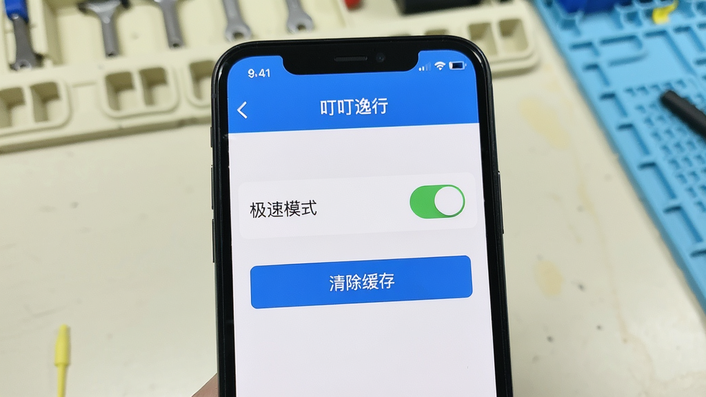 手机屏幕展示叮叮逸行司机端设置页面,包含“极速模式”开关与“清除缓存”按钮。主体为手机竖屏特写,布局居中,背景为浅色工作台。风格简洁、清晰,细节显示开关状态为开启,画质干净,无多余元素
