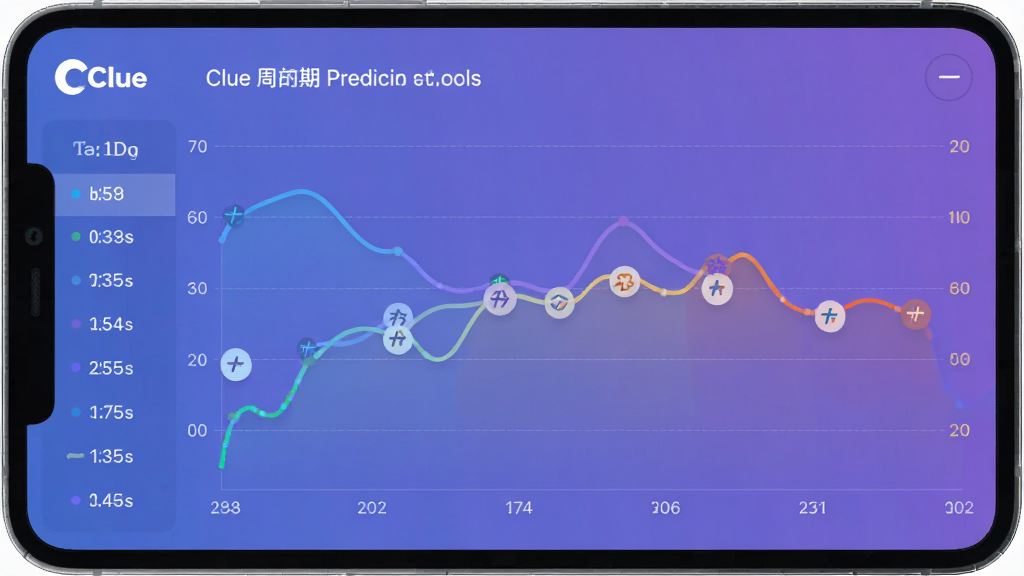 应用程序界面截图风格,展示Clue的周期预测图表,主体是彩色折线图与圆点标记的排卵日,布局清晰,左侧有日期列表。排版现代,信息层级分明,以蓝紫色渐变为主色调,背景干净,突出数据可视化效果,画质清晰,无多余元素。