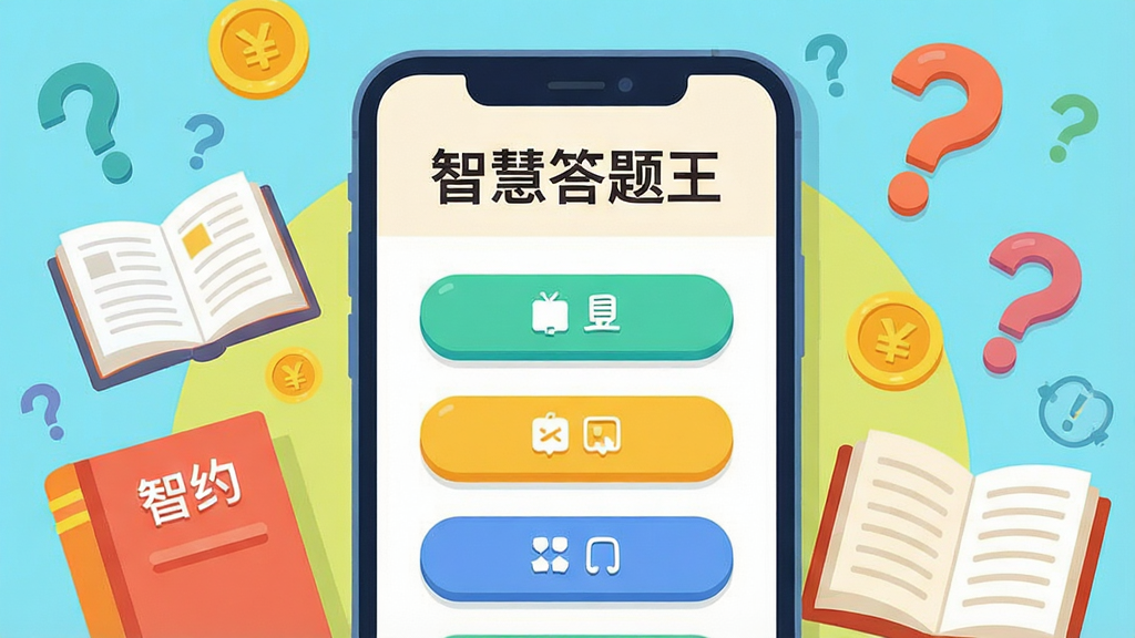 一幅展示智慧答题王应用核心场景的彩色插图,主体为一部智能手机屏幕特写,屏幕内显示答题界面,有“智慧答题王”字样和几个选项按钮,背景点缀金币、书本、问号等元素,布局居中,排版简洁明快,采用扁平化卡通风格,色彩鲜艳明亮,细节丰富,画质高清干净,无多余元素。