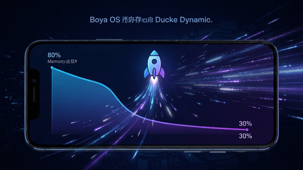 展示Boya OS内存加速功能的动态效果图,手机屏幕显示内存占用率从80%下降至30%的曲线,背景为深色科技感,中央有火箭升空图标,周围有光速线条,界面采用蓝色与紫色渐变,画质细腻,无多余元素