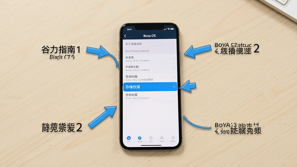 展示Boya OS使用指南的步骤图,手机屏幕显示设置菜单,高亮显示“存储权限”选项,背景为浅色桌面,手机周围有箭头指示操作步骤,界面风格简洁,画质清晰,无多余元素