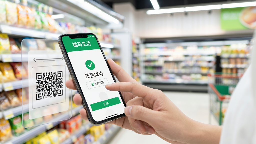 福马生活手机使用场景图,用户手持手机在商店内扫码核销,背景是明亮的超市货架,人物手指点击屏幕,界面显示核销成功,画面自然,光线充足,画质清晰,干净无多余元素