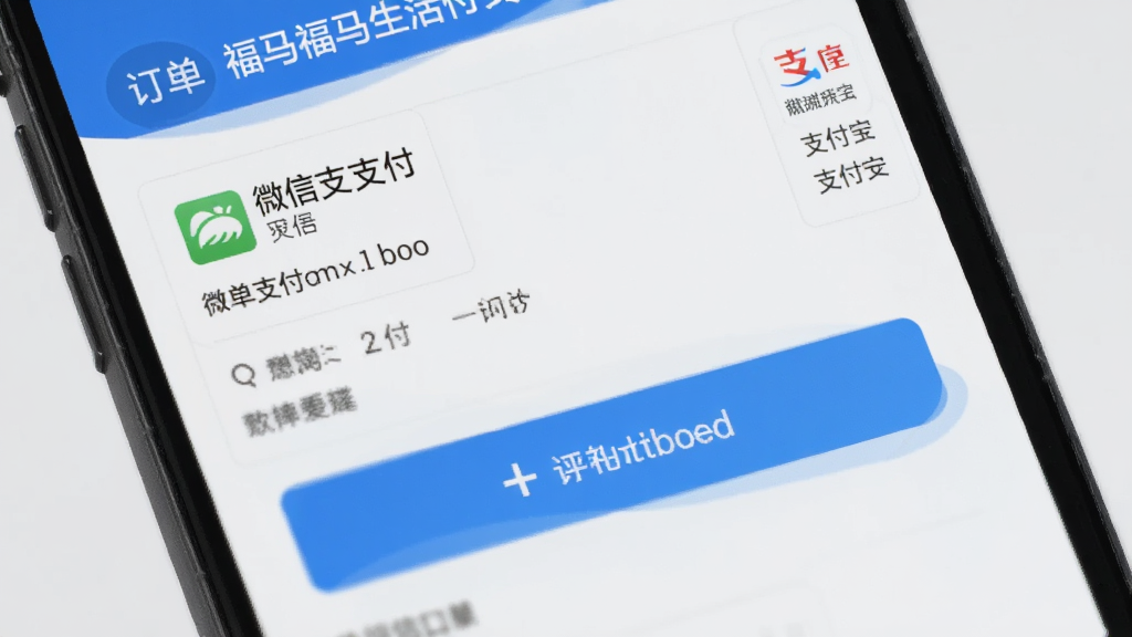 福马生活在线支付界面,手机屏幕显示订单详情和支付方式选择,包括微信支付、支付宝等,界面简洁,按钮清晰,背景为淡灰色,突出支付信息,画质清晰,干净