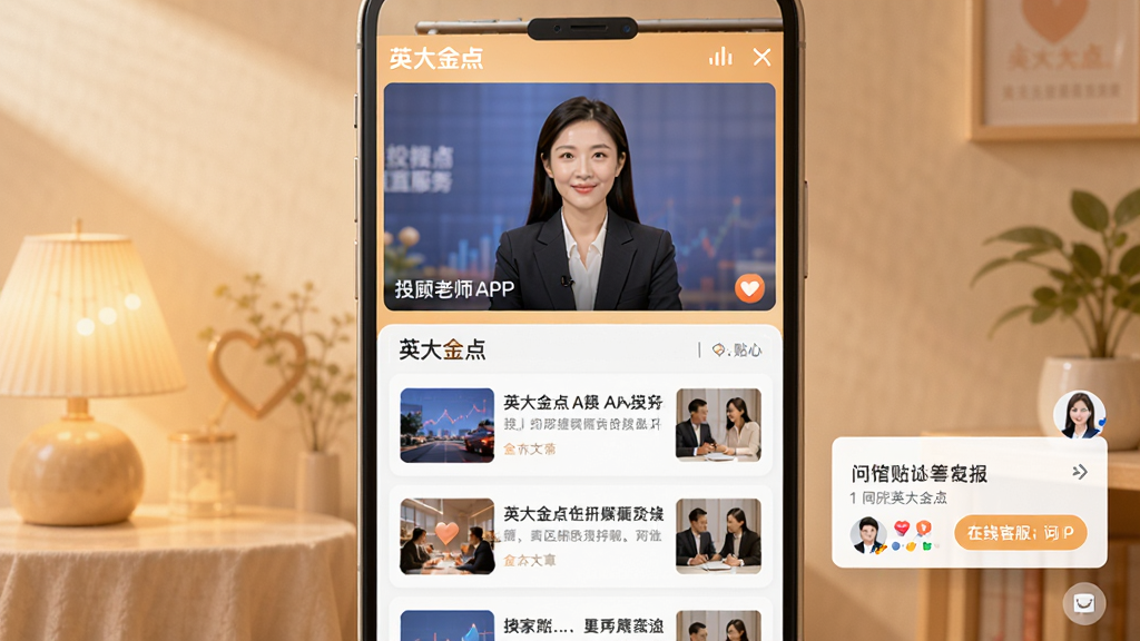 ͼƬ����ΪӢ����APP��Ͷ�˷�����棬����ΪͶ����ʦ��ֱ�����ڣ��·�Ϊͼ�Ĳ�ï��Ͷ�������б�����������ůɫ����ͻ����רҵ�������ġ��ķ�Χ�����ֲ��ÿ�Ƭʽ���У������ͣ�ϸ�ڰ������߿ͷ�ͷ�����ʴ𵯴������ʸɾ����޶���Ԫ�أ����С�Ӣ���㡱��ʶ��