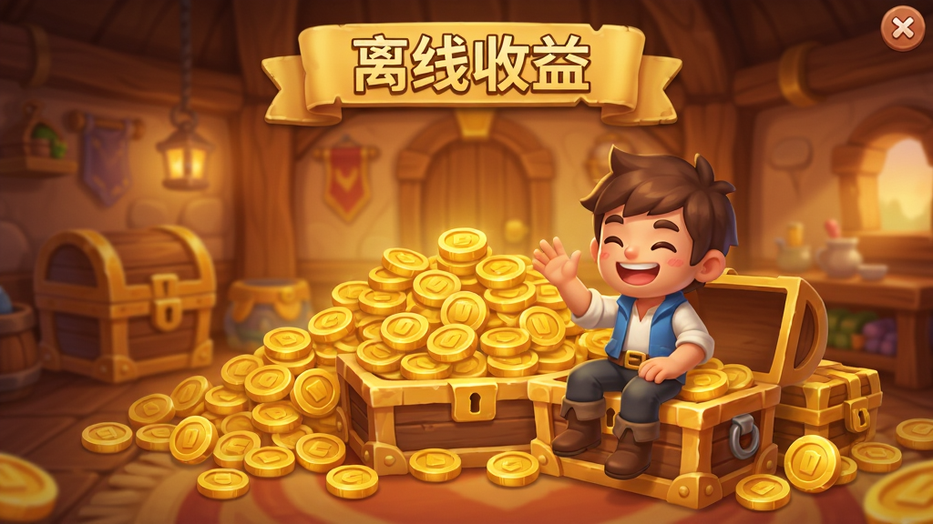 离线收益结算界面,金色金币和宝箱堆满屏幕,角色开心地坐在宝箱旁,界面有“离线收益”字样,背景是温馨的塔内房间,色调温暖,画质干净,无多余元素