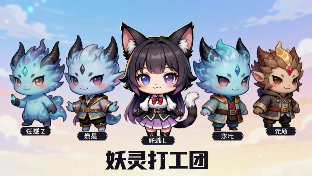 主体:一排形态各异的Q版妖灵角色展示,中间C位为一只猫耳娘,画面底部有“妖灵打工团”字样。布局:横向排列,背景为渐变天空。排版:角色立绘式展示,每个角色下方有名字标签。风格:动漫、可爱、明亮。细节:角色细节丰富,毛发和服饰纹理清晰,色彩鲜艳。画质:高清、干净、无多余元素