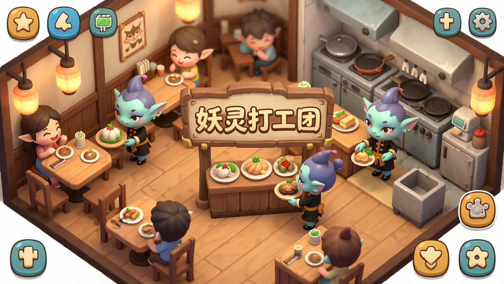 主体:一家装修精美的妖怪主题餐馆,店内妖灵服务生正在上菜,画面中央有“妖灵打工团”招牌。布局:俯视视角展现店铺全景,桌椅、柜台、后厨清晰可见。排版:模拟经营游戏截图风格,UI按钮齐全。风格:卡通、温馨、细节丰富。细节:食物模型精致,妖灵穿着统一制服,顾客表情开心。画质:高清、干净、无多余元素