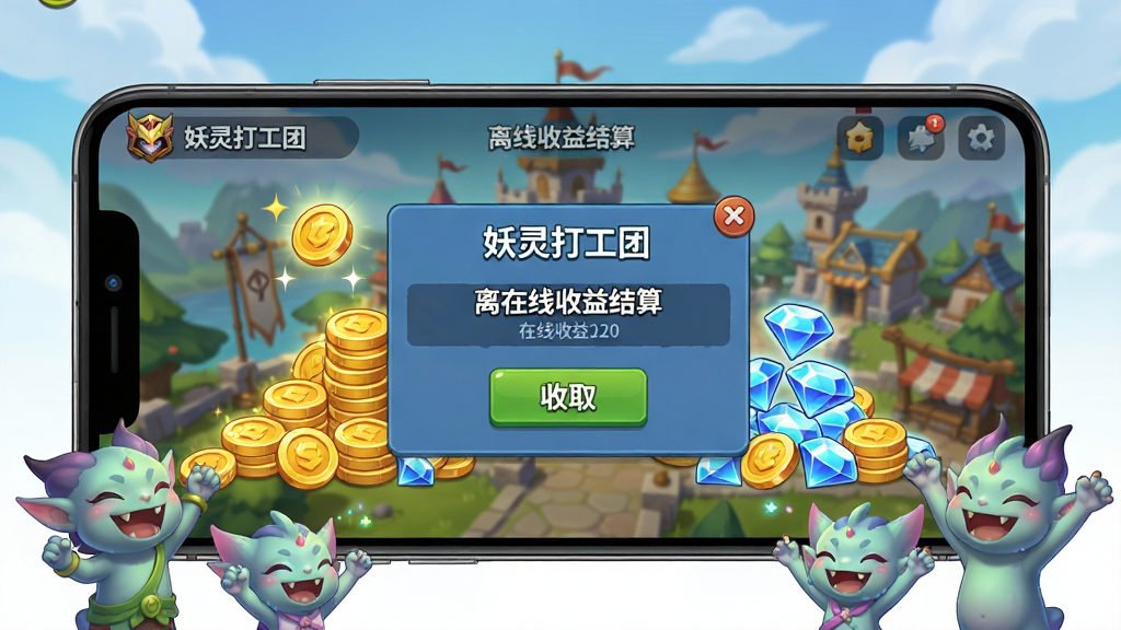 主体:手机屏幕显示“妖灵打工团”游戏离线收益结算界面,金币和钻石堆成小山。布局:中央弹出结算窗口,背景为游戏主城。排版:UI设计简洁,有“收取”按钮。风格:卡通、亮丽。细节:金币闪闪发光,妖灵们在一旁欢呼。画质:高清、干净、无多余元素