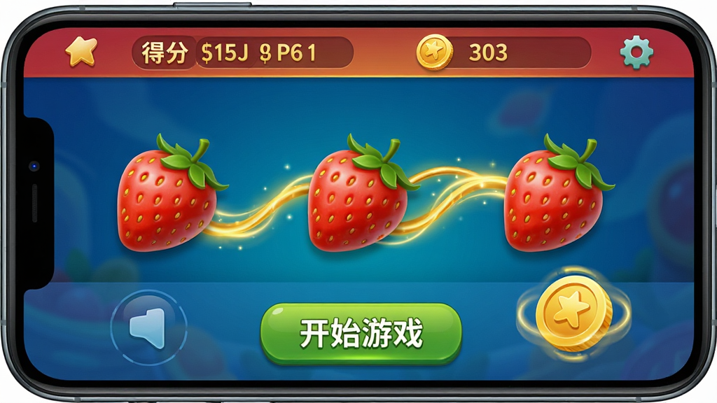 主体:手机屏幕特写,显示福运水果好运游戏界面,三个草莓被一条金线连接。布局:界面下方有“开始游戏”按钮,上方显示得分和金币数量。排版:操作区域位于屏幕下半部分。风格:半写实UI截图风格。细节:水果图标立体感强,连接线有流动光效,金币图标旋转。画质:高清,干净,无多余元素。