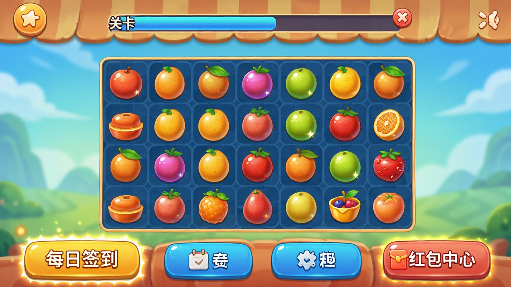 主体:福运水果好运游戏主界面截图。布局:顶部为关卡进度条,中部为水果消除区域,底部为功能按钮。排版:界面元素分布均匀。风格:游戏UI设计展示图。细节:高亮显示“每日签到”和“红包中心”按钮,水果图标有光泽。画质:清晰,干净,无多余元素。