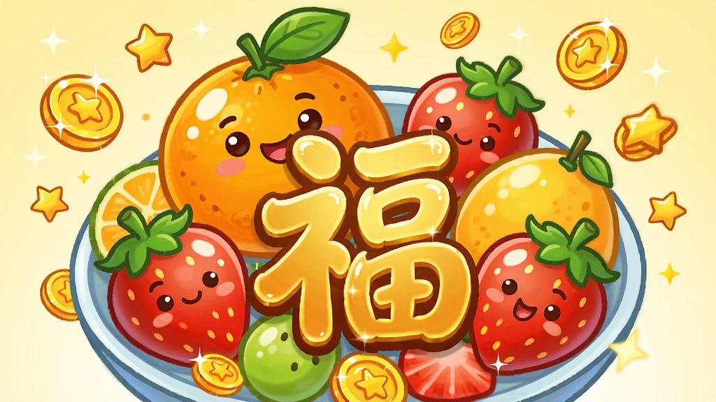 主体:一个色彩鲜艳的卡通水果拼盘,中央是 smiling 的橙子和草莓。布局:水果们环绕着一个金色“福”字,周围飘散着金币和星星。排版:画面中心对称,福字突出。风格:明亮清新的2D卡通风格。细节:水果表面有高光,金币闪闪发光,背景为淡黄色渐变。画质:高清,干净,无多余元素。