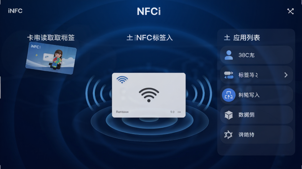 手机NFC读写工具iNFCi主界面预览图,展示卡片读取、标签写入、应用列表三大功能模块,背景为深蓝色科技感渐变,卡片悬浮于界面中央,周围环绕NFC信号波纹,界面简洁清晰,文字标签使用白色加粗字体,整体风格现代简约,画质干净,无多余元素