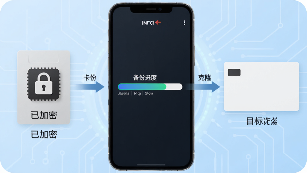 iNFCi标签备份与克隆功能流程示意图,左侧为源卡片,中间为手机界面显示备份进度条,右侧为空白目标卡,箭头表示数据流向,背景为浅蓝色科技感,卡片图标下方标注“已加密”字样,画质干净,无多余元素
