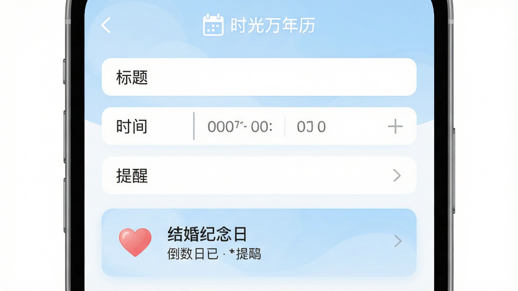 չʾ��ʱ����������APP���ճ����ӽ��棬��Ļ���С����⡱����ʱ�䡱�������ѡ��ȱ����ֶΣ��·���ʾһ�����а���ͼ��ġ��������ա������տ�Ƭ��������ÿ�Ƭʽ��ƣ�ɫ����ͣ���ǳ��ɫ�Ͱ�ɫΪ������������£����ʸɾ��޶���Ԫ�أ������С�ʱ�����������ı�ʶ