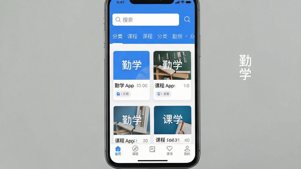һ��չʾ��ѧApp������ĸ����ͼ������Ϊ�ֻ���Ļ�ڵĿγ��б�ҳ�������������Ϸ���ʾ�������ͷ����ǩ���м��ǿγ̿�Ƭ����ͼ���·�Ϊ�ײ����������������Լ�ִ�������ɫ�Ͱ�ɫΪ��ɫ�������ʸɾ����޶���Ԫ�أ�ͼƬ�����ֱ�ע����ѧ��App���ơ�