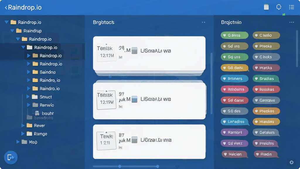 Raindrop.io �����������չʾ�����Ϊ��״�ļ��нṹ���Ҳ�Ϊ��ɫ��ǩ�б����м�Ϊ��ǩ��Ƭ�����������ɫ���������࣬�Ű�����������ִ������ʸɾ����޶���Ԫ��