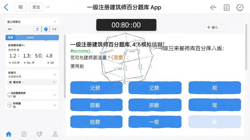 一级注册建筑师百分题库App模拟考试界面,显示答题卡和倒计时,中间为题目,下方为选项按钮,界面模拟真实考试风格,白色背景,蓝色按钮,画质清晰,干净无多余元素