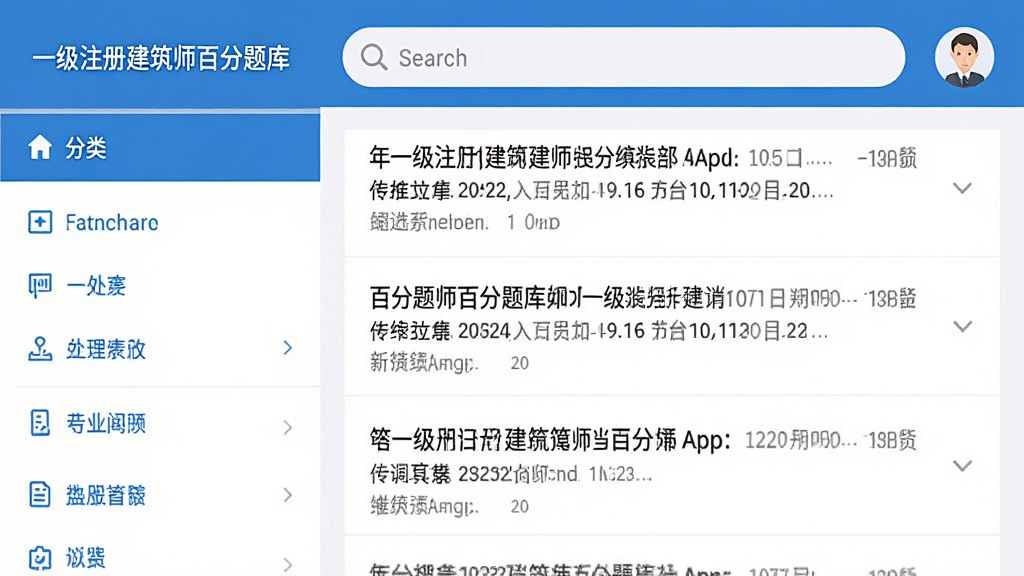 一张展示一级注册建筑师百分题库App主界面的高清截图,左侧为分类列表,右侧为题目列表,顶部有搜索栏和用户头像,整体采用蓝白配色,扁平化设计,界面干净整洁,细节饱满,画质清晰,无多余元素