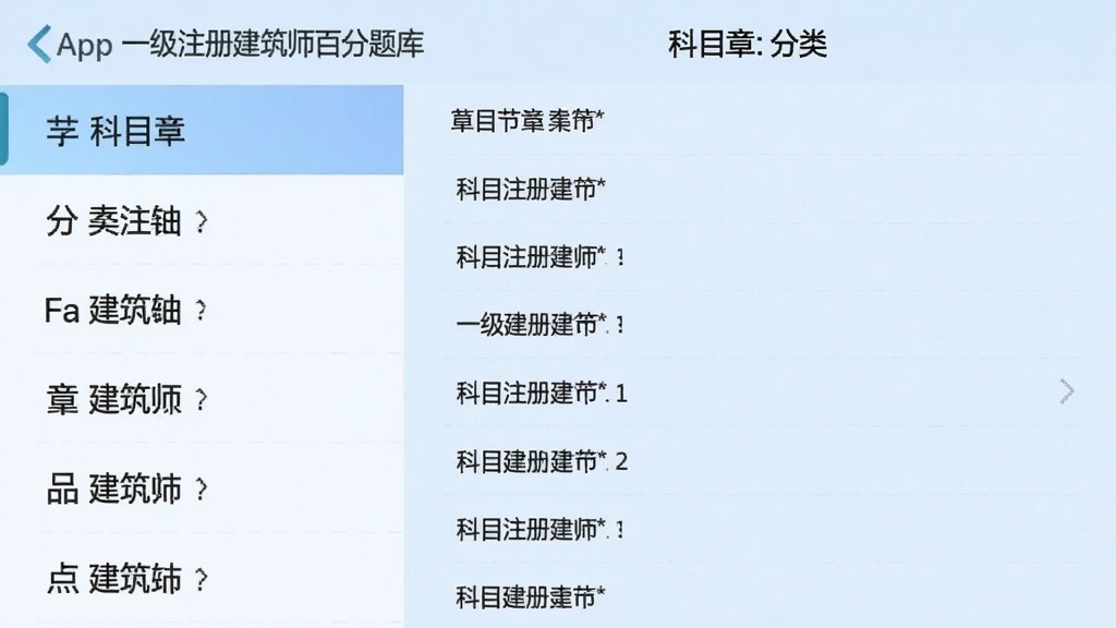 一级注册建筑师百分题库App的科目分类界面,左侧为科目列表,右侧为章节列表,背景为淡蓝色,界面简洁,画质清晰,干净无多余元素