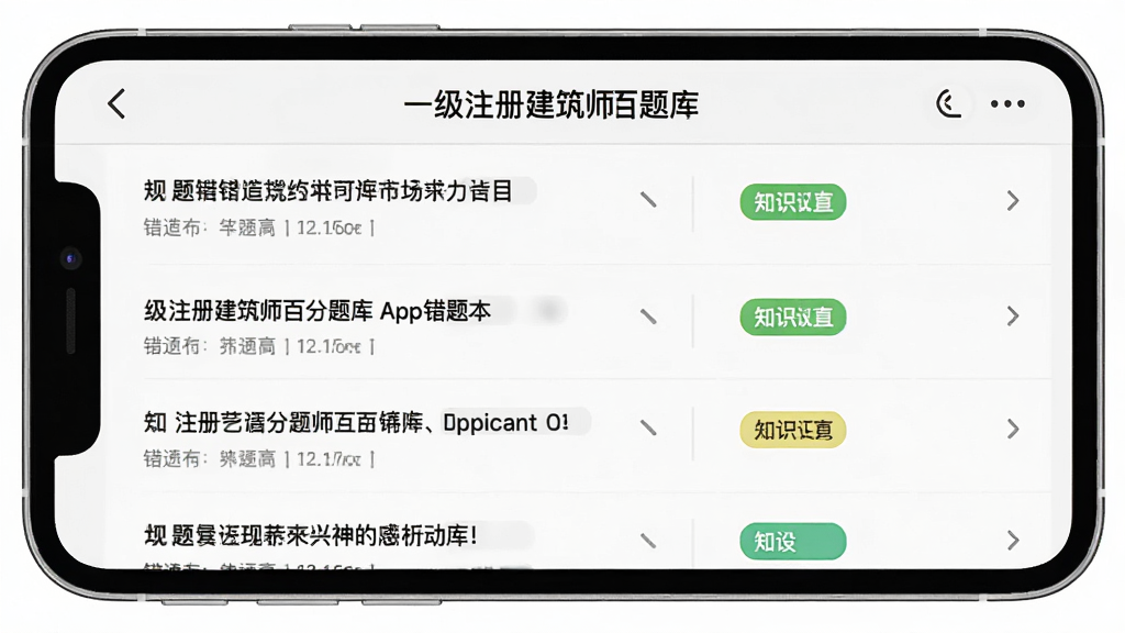 一级注册建筑师百分题库App错题本界面,列表展示错题题目和知识点标签,背景为浅灰色,界面简洁,画质清晰,干净无多余元素