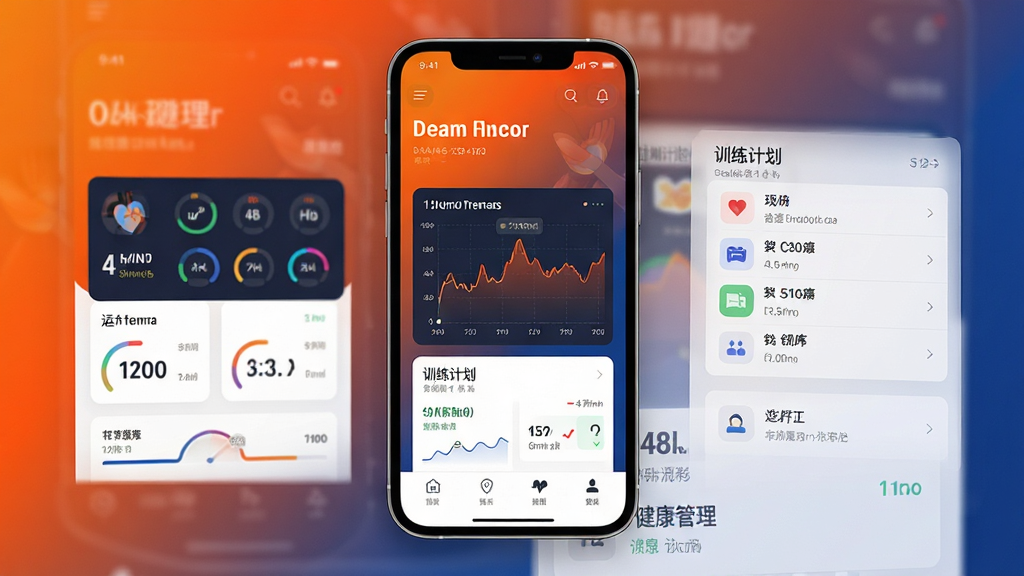 现代感运动健康管理应用界面,展示运动数据仪表盘、心率曲线图、训练计划列表,背景为活力橙色与深蓝渐变,手机屏幕居中,布局清晰,扁平化设计风格,细节丰富,画质高清,干净无多余元素