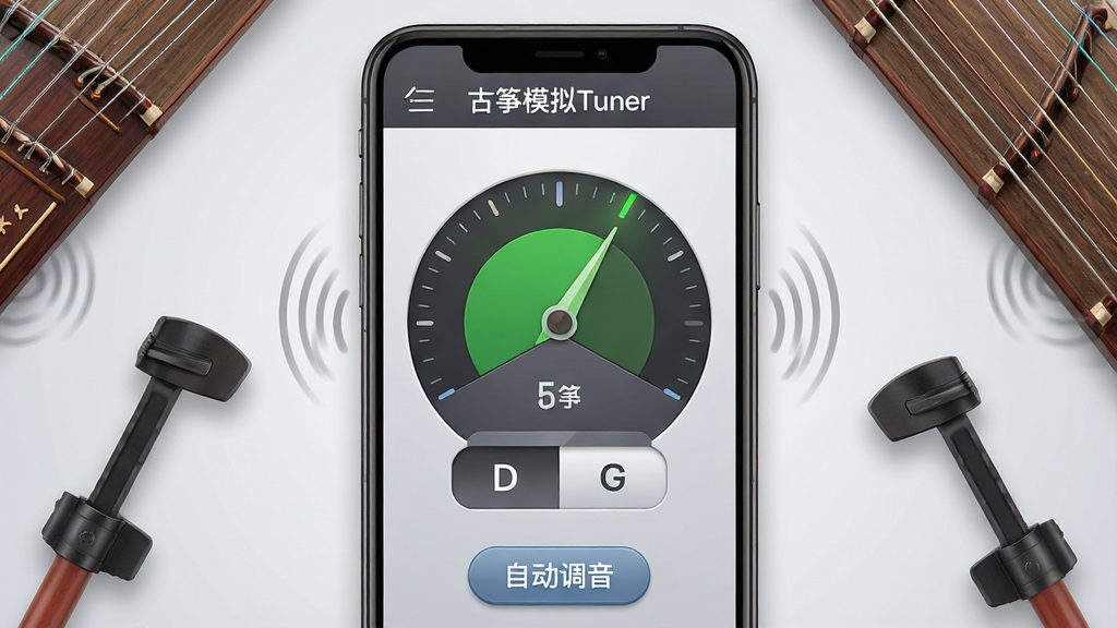 主体:古筝模拟Tuner调音功能界面特写。布局:手机屏幕占据画面中心,显示调音表盘与音名“D”、“G”切换按钮,周围有古筝琴弦和调音扳手作为装饰。排版:界面元素清晰,指针指向中央绿色区域,音名标识醒目。风格:扁平化与拟物结合,背景为浅灰色渐变。细节:屏幕上方显示“古筝模拟Tuner”字样,下方有“自动调音”按钮,琴弦上带有细小振动波纹。画质:高清,干净,无多余元素。
