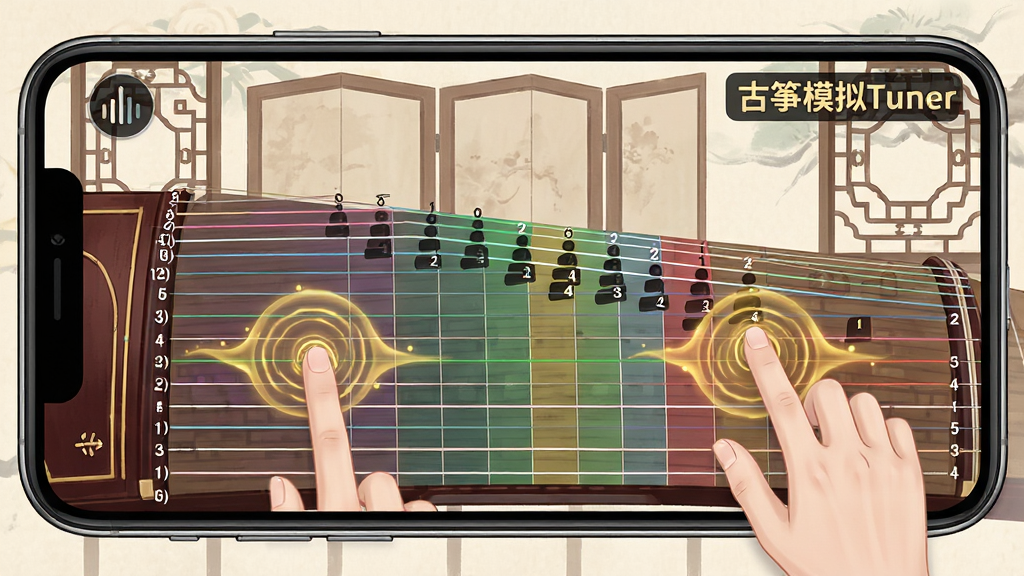 主体:古筝模拟Tuner音色模拟演奏界面。布局:手机横屏显示21根琴弦,手指在屏幕上滑动触发音符特效,背景为传统中式屏风与花窗。排版:琴弦排列整齐,不同音区用颜色区分,右上角显示“古筝模拟Tuner”标志。风格:国风插画风格,色调淡雅。细节:手指划过处有金色音波扩散,琴弦上标注简谱数字,左上角有节拍器图标。画质:高清,干净,无多余元素。