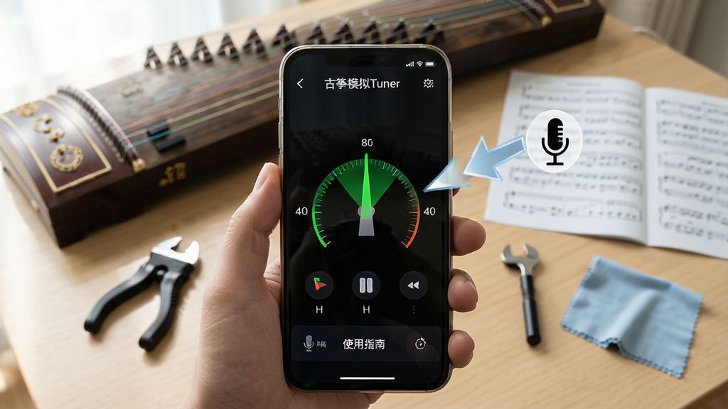 主体:用户手持手机使用古筝模拟Tuner调音的场景。布局:前景为手机特写,屏幕显示调音界面和“使用指南”文字,背景为书桌旁的古筝和琴谱。排版:手机画面居中,周围有虚拟提示箭头指向麦克风图标。风格:写实摄影风格,自然光。细节:手机屏幕上显示“古筝模拟Tuner”字样,调音指针指向绿色区域,桌上有调音扳手和清洁布。画质:高清,干净,无多余元素。