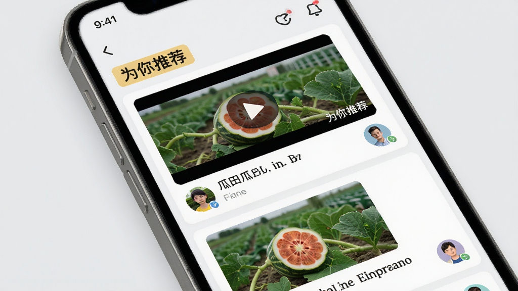 瓜田智能推荐引擎界面示意图,手机屏幕上展示个性化推荐的内容列表,包含视频封面、标题和用户头像,旁边有“为你推荐”标签,背景为浅灰色,布局整齐,风格简洁,细节丰富,画质清晰,干净,无多余元素。