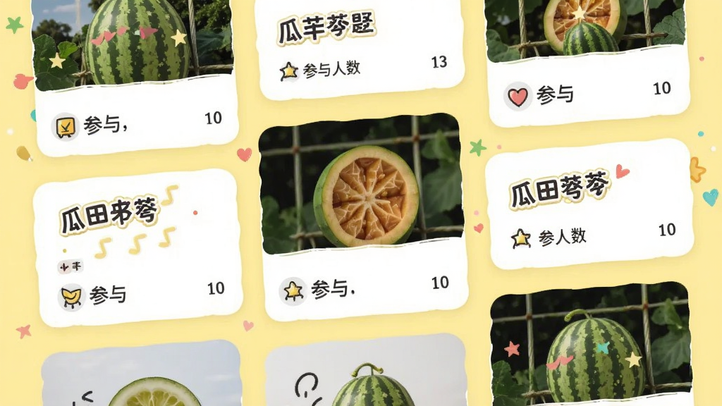 瓜田话题广场页面,展示多个热门话题标签卡片,每个卡片上带有话题名称和参与人数,背景为淡黄色,布局错落有致,风格活泼,细节清晰,画质高,干净,无多余元素。