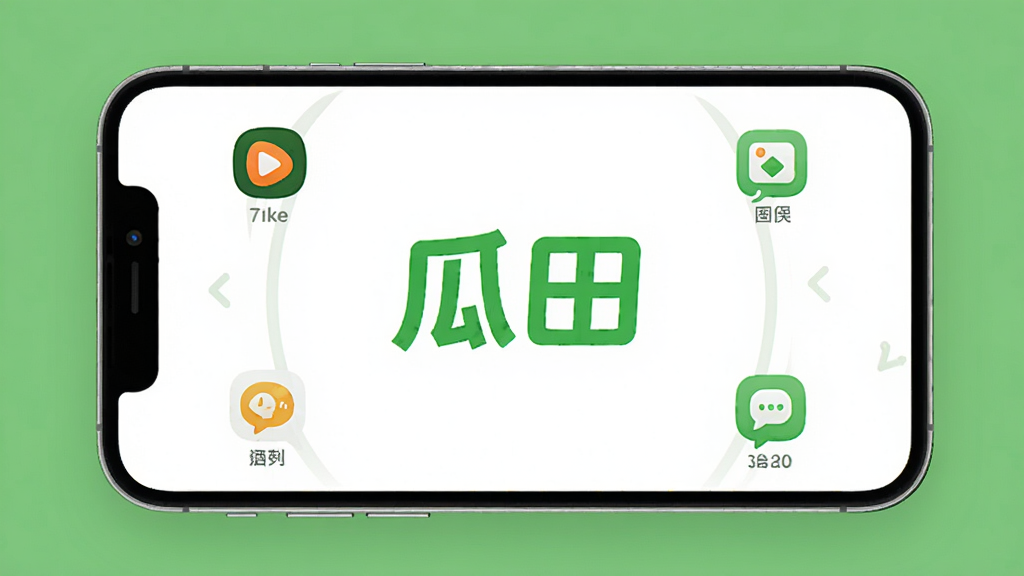 瓜田是一款综合内容社区应用,界面现代简约,主色调为清新的绿色和白色,手机屏幕中央展示“瓜田”二字Logo,周围环绕着短视频、图文、话题、消息等图标,整体布局清晰,风格活泼明快,画质高清,干净,无多余元素。