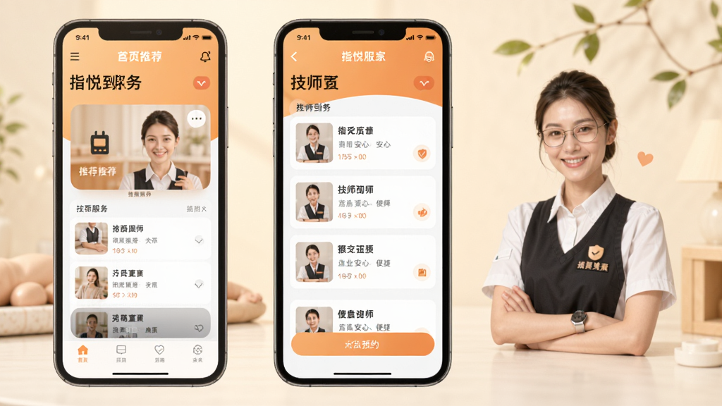 指悦到家APP界面预览图,展示首页推荐服务、技师列表和预约功能,整体风格清新简洁,采用暖色调,突出“专业、安心、便捷”的品牌形象,画质干净无多余元素