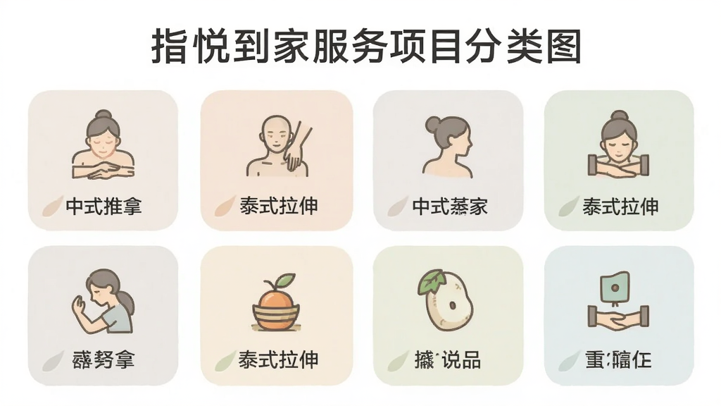 指悦到家服务项目分类图,展示中式推拿、泰式拉伸等图标,色调柔和,排版整齐,风格清爽,画质干净无多余元素
