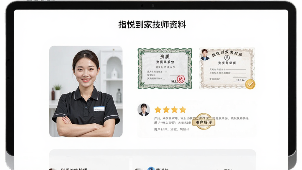 指悦到家技师资料页面,展示技师照片、资质证书和用户好评,布局清晰,风格简约,突出专业认证信息,画质干净无多余元素