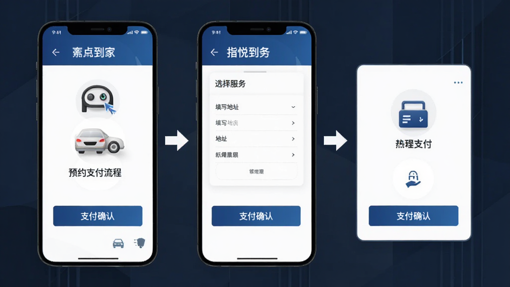 指悦到家预约支付流程示意图,展示选择服务、填写地址、支付确认三个步骤,界面简洁,指引清晰,风格商务,画质干净无多余元素